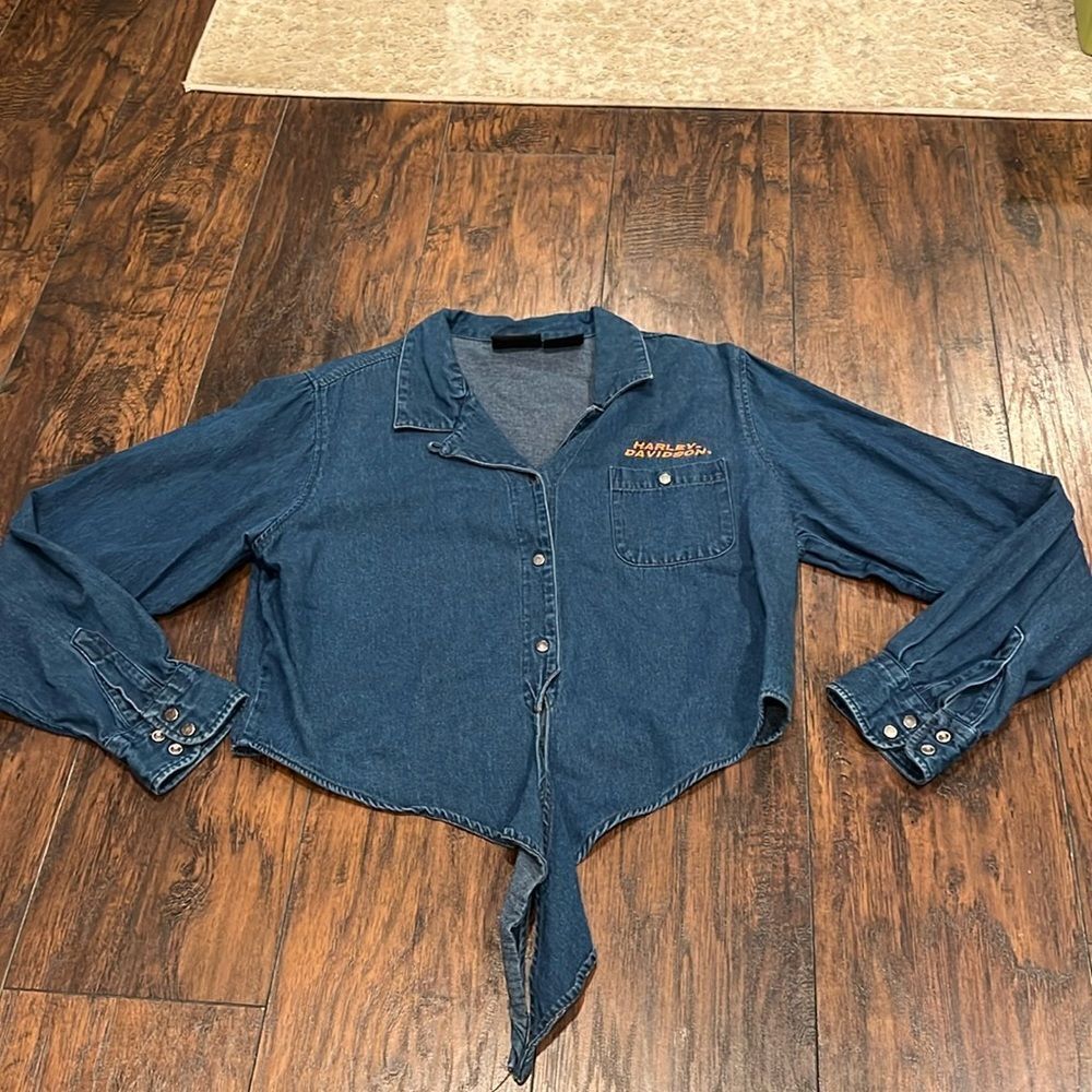 VTG Harley Davidson front tie‎ top! Denim L/S Denim Button Up Fold Down size XL